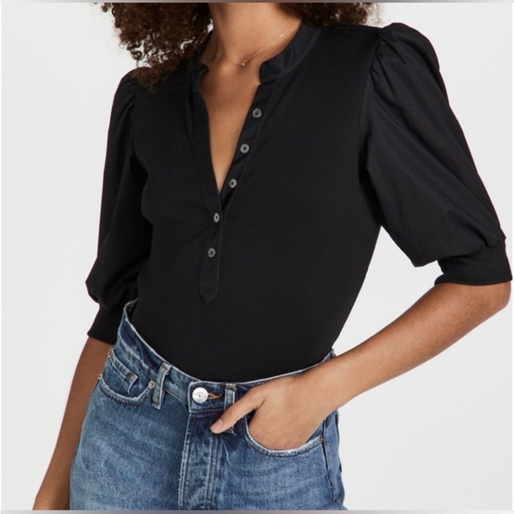 Veronica Beard Coralee Black Puff 3/4 Sleeve Ribbed Top XL